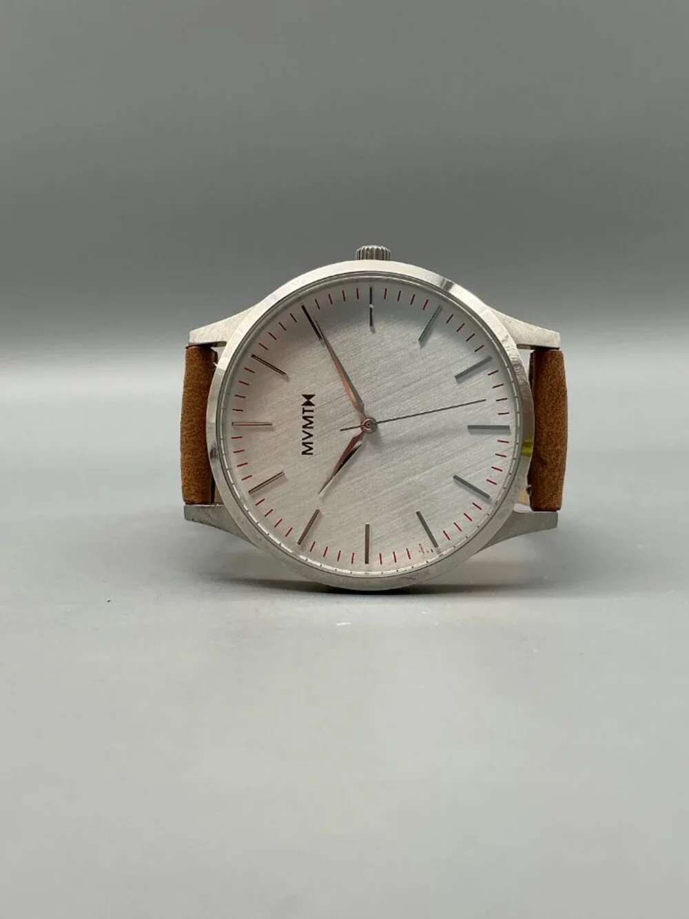 MVMT 40 Series Mens Watch 40mm Silver Tone Brown Leather Band New Battery